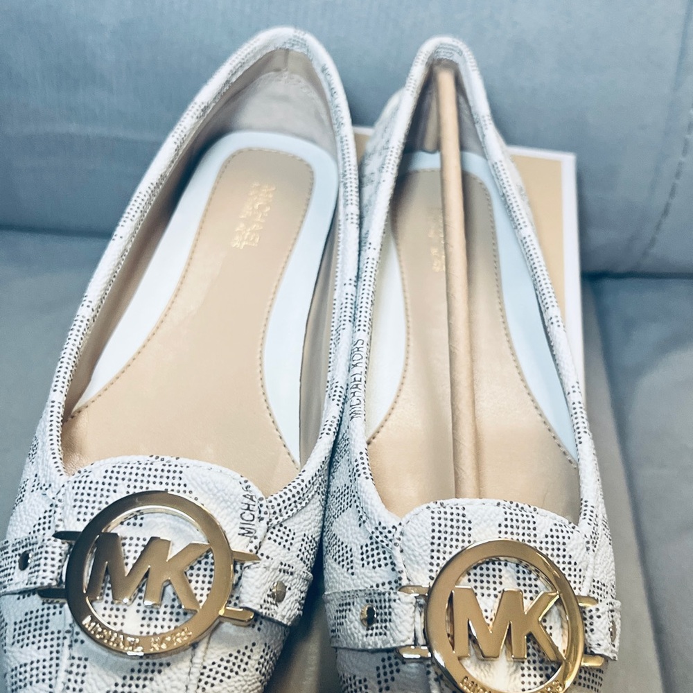 Michael Kors White Logo-Print Ballet Flats with Gold MK Medallion